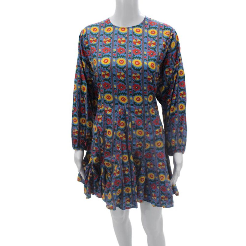 Rhode Womens Fit & Flare Mini Dress Blue Floral Cotton Long Sleeve Boho Size M